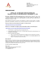 AFRICA OIL TO RELEASE THIRD QUARTER 2024 FINANCIAL RESULTS ON WEDNESDAY, NOVEMBER 13, 2024 (CNW Group/Africa Oil Corp.)