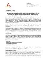 AFRICA OIL SHAREHOLDERS APPROVE THE RESOLUTION TO CONSOLIDATE THE OWNERSHIP OF PRIME IN AFRICA OIL (CNW Group/Africa Oil Corp.)