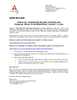 AFRICA OIL TO RELEASE SECOND QUARTER 2024 FINANCIAL RESULTS ON WEDNESDAY, AUGUST 14, 2024 (CNW Group/Africa Oil Corp.)