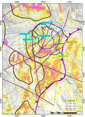 Map 2. Chita South (PSU) porphyry Cu-Mo-Au deposit illustrating the location of the drillholes PSUDH25-155-PSUDH25-158 reported here, projected to surface >0,25% Cu and >200 ppm Mo isosurfaces, location of drilled holes and the drillholes planned (average 300m) at the Chita resource in-fill and expansion program. The base map is the total Fe obtained from Landsat 8 bands combination and emphasizes extensive available iron (from sulfides). (CNW Group/Minsud Resources Corp.)