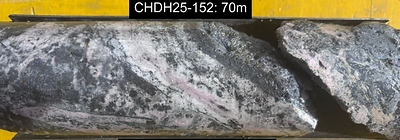 Drill core Photograph 1. CHDH25-151/70.2m. High-grade argentiferous polymetallic vein breccia hosting secondary silica-rhodochrosite-sulfides (sphalerite-galena-Au-Ag tellurides). The 2m-drill interval including this 25cm drillcore yielded 756 g/t Ag, 4.5% Zn and 1.1 g/t Au. (CNW Group/Minsud Resources Corp.)