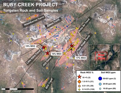 Figure 1. Map of Ruby Creek showing tungsten-bearing trends, faults, and mineralized zones. (CNW Group/Stuhini Exploration Ltd.)