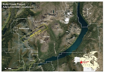 Figure 1. General location map of the Adera Corridor target with respect to the Ruby Creek project tenures. (CNW Group/Stuhini Exploration Ltd.)