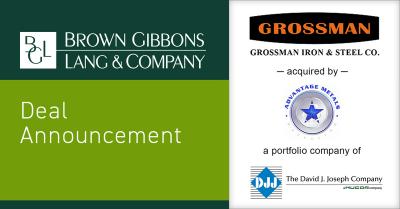 Brown Gibbons Lang & Company is pleased to announce the sale of Grossman Iron and Steel Company (Grossman) to The David J. Joseph Company (DJJ), an operating subsidiary of Nucor Corporation (Nucor). BGL’s Metals & Metals Processing team served as the exclusive financial advisor to Grossman in the process. The specific terms of the transaction were not disclosed. The transaction highlights the experience of the BGL team with businesses operating in ferrous and non-ferrous scrap metal processing.