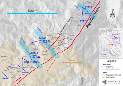 Figure 1. Plan view of the Aguilar target showing the drill holes reported in this release (Table 1) and previously reported holes (Table 2). Coordinates are in the UTM system, zone 18N, and WGS84 projection. (CNW Group/Outcrop Silver & Gold Corporation)