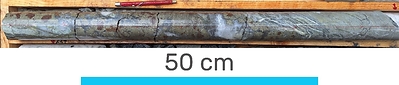 Figure 3. General aspect of the Los Mangos vein in hole DH464, showing coarse grained pyrite-marcasite, clusters of sphalerite and fine-grained argentite. Hole DH464 depths from 224.99 to 225.60 metres grading 1,020 g/t AgEq (Table 1). (CNW Group/Outcrop Silver & Gold Corporation)