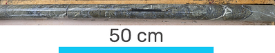 Figure 4. General aspect of the Los Mangos vein in hole DH461, showing a quartz-supported breccia with fine-grained pyrite-marcasite intergrown with argentite. Hole DH461 depths from 224.57 to 225.41 metres. (CNW Group/Outcrop Silver & Gold Corporation)
