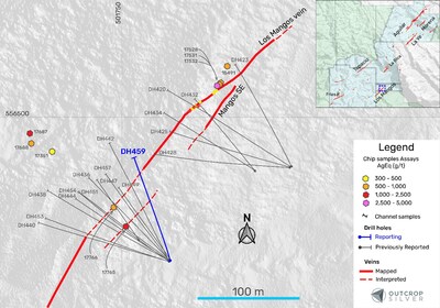 Figure 1. The plan view of the Los Mangos vein target shows the drill hole reported in this release (Table 1), previously reported holes, and surface exploration samples (Table 3). Coordinates are UTM system, zone 18N and WGS84 projection. (CNW Group/Outcrop Silver & Gold Corporation)