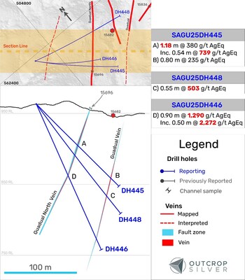 Figure 2. Geological cross-sections showing the Guadual vein. The section width is 150 metres. Hole DH448 intercepted a 4.02 m vein with No Significant Results in the Guadual North vein, while hole DH446 intercepted the Guadual vein with No Significant Results. No Significant Result means an intercept lower than 200 g/t AgEq(1). (CNW Group/Outcrop Silver & Gold Corporation)