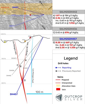 Figure 2. Geological cross-sections showing the Los Mangos vein system. The section width is 40 metres. (CNW Group/Outcrop Silver & Gold Corporation)