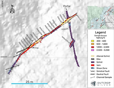 Figure 3. Geological map of the El 20 historic underground mine at the Los Mangos vein target (refer to News Release dated November 12, 2024). (CNW Group/Outcrop Silver & Gold Corporation)