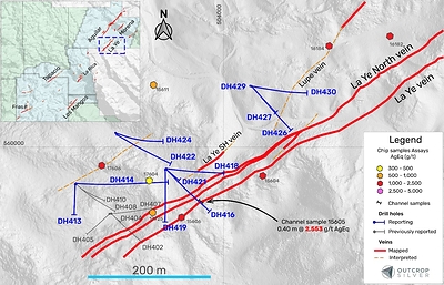 Figure 1. Plan view of La Ye vein target showing the drill holes reported in this release (Table 1), previous drilling, and samples previously reported (Table 2). For details on previous drill holes, see News Releases dated October 8, 2024 (https://outcropsilver.com/news/outcrop-silver-makes-a-discovery-at-la-ye-vein-in-santa-ana/) and November 19, 2024 (https://outcropsilver.com/news/outcrop-silver-continues-to-intercept-high-grade-silver-at-la-ye-discovery/). (CNW Group/Outcrop Silver & Gold Corporation)