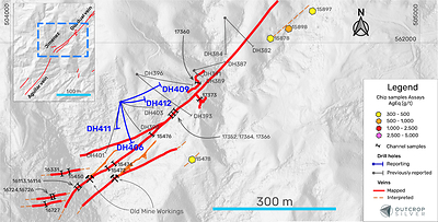 Figure 1. Plan view of the Jimenez vein target showing the drill holes reported in this release (Table 1), drilling and samples previously reported (Table 2). (CNW Group/Outcrop Silver & Gold Corporation)