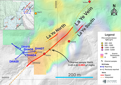 Figure 1. Plan view of the La Ye vein target showing the drill holes reported in this release (Table 1), drilling and channel samples previously reported and reported in this release (Table 2). 
See footnote 2 for the AgEq calculation. (CNW Group/Outcrop Silver & Gold Corporation)