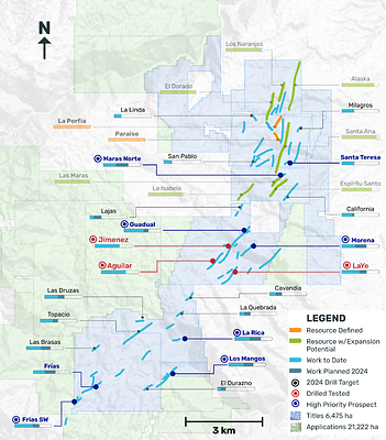 Figure 3. General exploration strategy, including the exploration pipeline and Mineral Resource veins. Targets in red are those confirmed through drilling. Targets in blue represent those to be confirmed through drilling as a priority. (CNW Group/Outcrop Silver & Gold Corporation)