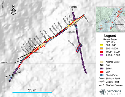 Figure 2. Geological map of the El 20 historic underground mine at the Los Mangos vein target. Silver equivalent (AgEq) was calculated using each element’s prices, recovery, and grades using the formula given in the silver equivalent note. (CNW Group/Outcrop Silver & Gold Corporation)