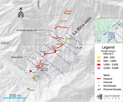 Figure 4. Map of the La Rica target showing exploration work done to date with extensive float and channel samplings. The soil geochemical survey samples locations are shown with assays pending. Silver equivalent (AgEq) was calculated using each element’s prices, recovery, and grades using the formula given in the silver equivalent note. (CNW Group/Outcrop Silver & Gold Corporation)