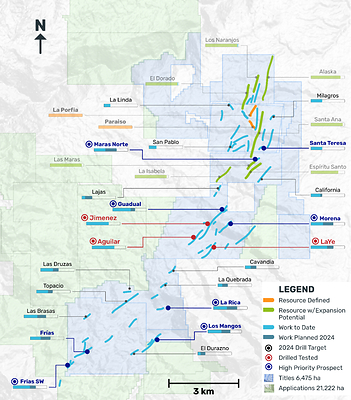 Figure 1. General exploration strategy, including the exploration pipeline and Mineral 
Resource veins. Targets in red are those confirmed through drilling. Targets in blue represent those to be confirmed through drilling as a priority. (CNW Group/Outcrop Silver & Gold Corporation)