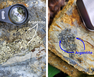 Figure 3. Photos of hand specimens from the El 20 historic workings showing pyrite-rich clusters with coarse-grained argentite (black spots). (CNW Group/Outcrop Silver & Gold Corporation)