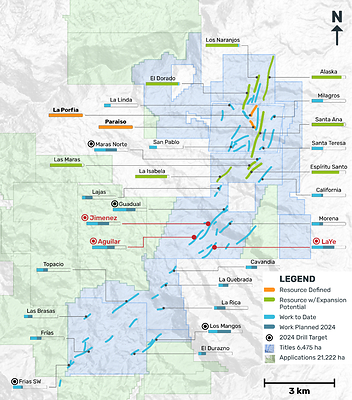 Figure 2. General Exploration Strategy including the Exploration Pipeline and Mineral Resource veins. Highlighting confirmed targets: Aguilar, Jimenez and La Ye. (CNW Group/Outcrop Silver & Gold Corporation)