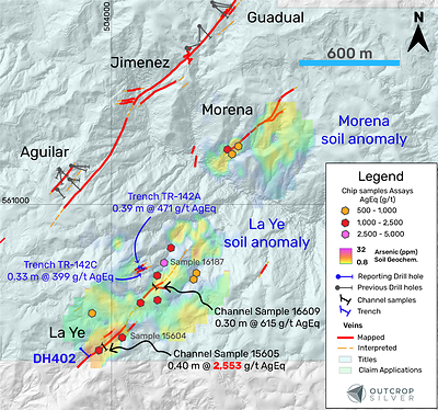 Figure 1. The La Ye vein system plan view shows drill hole DH402 and trenches reported in this release (Table 1), drilling and channel samples previously reported (Table 2). (CNW Group/Outcrop Silver & Gold Corporation)