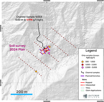 Figure 5. Detailed map of La Rica prospect with significant results from surface samples. The planned work is also shown (e.g. soil sample surveys and trenches). (CNW Group/Outcrop Silver & Gold Corporation)