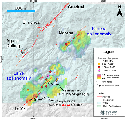 Figure 4. Local map showing the La Ye and Morena target areas with soil As anomaly based on more than 100 soil samples. (CNW Group/Outcrop Silver & Gold Corporation)