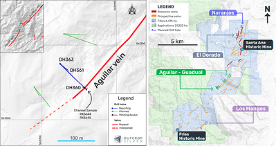 Figure 1. Aguilar plan view showing the detailed drill plan and reported holes in this release. (CNW Group/Outcrop Silver & Gold Corporation)