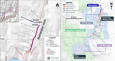Figure 3. Los Naranjos vein plan view showing the resource area and the current step-out drilling. (CNW Group/Outcrop Silver & Gold Corporation)