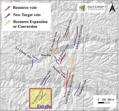 Map 1. Northern Santa Ana resource and prospective veins included in the current drill program. (CNW Group/Outcrop Silver & Gold Corporation)