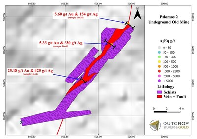 Map 4. Geologic and sample map of Palomos 2 historical mine workings. (CNW Group/Outcrop Silver & Gold Corporation)