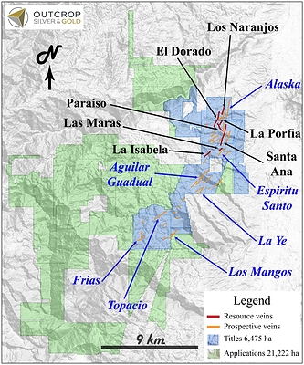 Map 1. Santa Ana - veins included in the resource estimation and prospective veins discovered to date. (CNW Group/Outcrop Silver & Gold Corporation)