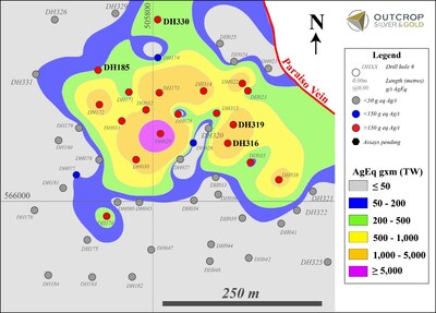 Figure 3. Contoured grams Eq Ag/t x metres in Megapozo shoot within west-dipping Paraiso vein. (CNW Group/Outcrop Silver & Gold Corporation)