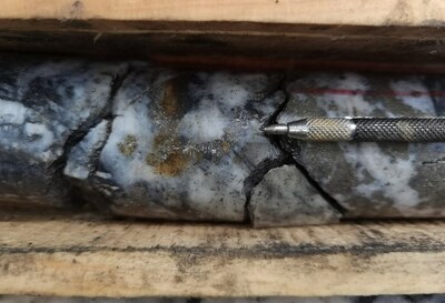 Figure 2. Core photo from hole DH279 at 183.85 m depth in Los Naranjos shoot with silver sulfosalts and sulfides. (CNW Group/Outcrop Silver & Gold Corporation)