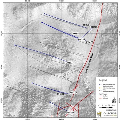 Map1. Los Naranjos Vein area with drill hole traces. (CNW Group/Outcrop Silver & Gold Corporation)