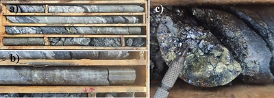 Figure 1. DH317 intercept within Las Abejas shoot. (a) Core intercept of El Dorado vein. (b) High-grade core interval with abundant silver, lead, and copper sulphides. (c) Acanthite (silver-rich sulfide) within Las Abejas shoot. (CNW Group/Outcrop Silver & Gold Corporation)