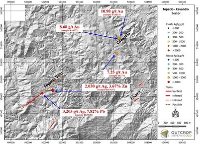 Map 4. Detailed Sampling Topacio-Cavadia targets from samples in this release. (CNW Group/Outcrop Silver & Gold Corporation)