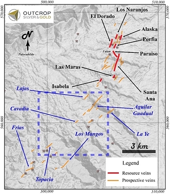 Map 1. Resource veins and prospective veins and targets along an 18-kilometre trend. (CNW Group/Outcrop Silver & Gold Corporation)