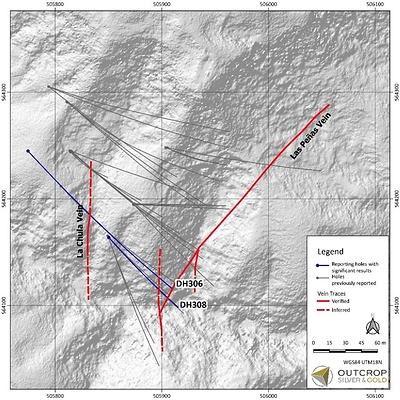 Map 1. Las Maras area with DH306 and DH308 drill hole traces. (CNW Group/Outcrop Silver & Gold Corporation)