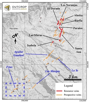 Map 1. The Frias-La Ye trend can be traced for approximately 8.5 kilometres in outcrops and floats. (CNW Group/Outcrop Silver & Gold Corporation)