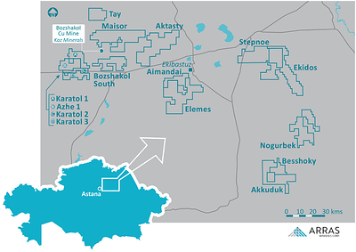 Figure 6. Arras Minerals Elemes Project and project portfolio located in Pavlodar, Northeastern Kazakhstan. (CNW Group/Arras Minerals Corp.)