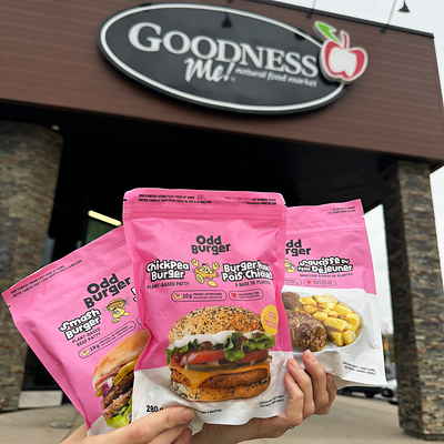 Odd Burger retail products in front of Goodness Me! Natural Food Market. (CNW Group/Odd Burger Corporation)