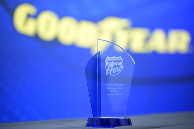 Since 1983, The Goodyear Tire & Rubber Company has celebrated professional truck drivers who demonstrate courageous acts of bravery on the road. Today, Andrew Waits joins a family of prestigious award winners as the 38th recipient of the Highway Hero Award.   (Phelan M. Ebanhack for Goodyear).