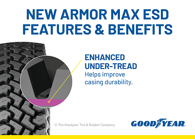 The Armor Max ESD tire is designed for heavy duty construction, logging, oil and mining work vehicles with an enhanced under-tread that provides added protection against stone drilling and improved casing durability.