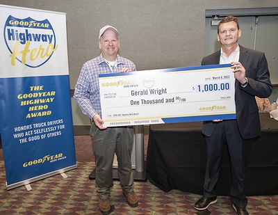 Gerald “Andy” Wright accepts the 37th Goodyear Highway Hero Award, a program that celebrates professional truck drivers who act selflessly for the good of others on highways across North America. Wright was recognized for his courageous act of bravery, having saved the lives of motorists trapped in a burning vehicle in July 2021. (Jessica Yanesh for Goodyear)