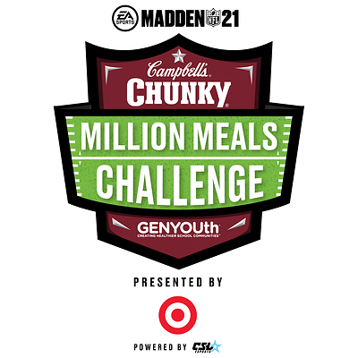 GENYOUth and Campbell’s® Chunky® announced today a dynamic esports initiative to help tackle hunger in schools. The Chunky Million Meals Challenge Madden NFL 21 presented by Target tournament will be played in EA SPORTS™ Madden NFL 21 and deliver 100 million meals to alleviate food insecurity among school-aged children during the COVID-19 pandemic. The Challenge will encourage the gaming community to “game for good” and support GENYOUth and its partners in this important cause. Free registration starts today at www.millionmealchallenge.com.