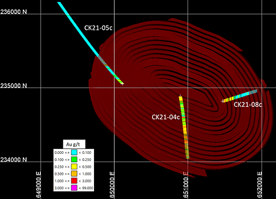 Plan map with reported drill holes colored by Au g/t assays and proposed pit outline.