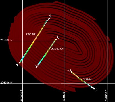 Plan map with reported drill holes, cross section line and proposed pit outline