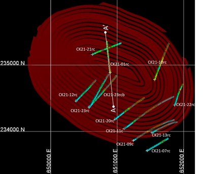 Plan map with reported drill holes, cross section line and proposed pit outline