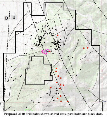 Proposed 2020 drill holes shown as red dots, past holes are black dots (PRNewsfoto/U.S. Gold Corp.)